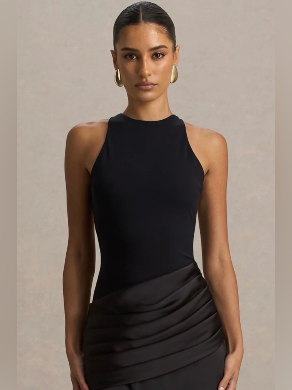 Sleek Black Halter Maxi Dress with Draped Satin Skirt